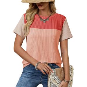 image:imageDokotoo Womens Casual Color Block T Shirts Short Sleeve Loose Crewneck Knitted Tops 2026 Spring Summer TrendyRed