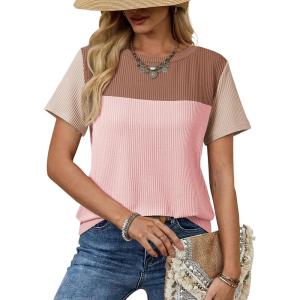 image:imageDokotoo Womens Casual Color Block T Shirts Short Sleeve Loose Crewneck Knitted Tops 2026 Spring Summer TrendySimply Taupe