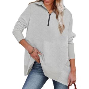 image:imageDokotoo Womens Casual Oversized Half Zip Sweatshirts Long Sleeve Solid Color Pullover Jackets with PocketsBlight Grey