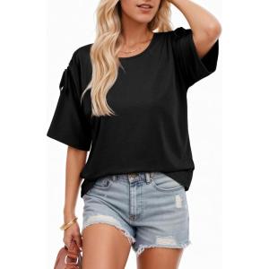 image:imageDokotoo Womens Casual Summer Tops Crew Neck Short Sleeve Drawstring T Shirts Basic Tee Tunic BlousesBlack