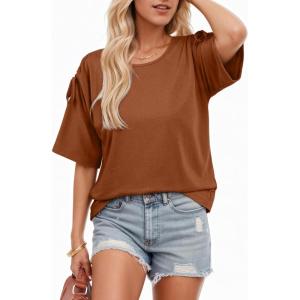 image:imageDokotoo Womens Casual Summer Tops Crew Neck Short Sleeve Drawstring T Shirts Basic Tee Tunic BlousesCoffee