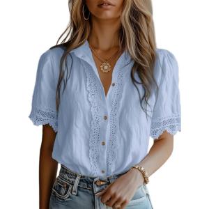 image:imageDokotoo Womens Casual V Neck Short Sleeve Button Down Shirts Business Casual Work Boho Tops BlousesBeau Blue