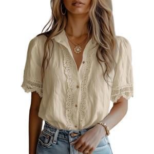 image:imageDokotoo Womens Casual V Neck Short Sleeve Button Down Shirts Business Casual Work Boho Tops BlousesBeige