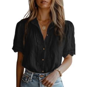 image:imageDokotoo Womens Casual V Neck Short Sleeve Button Down Shirts Business Casual Work Boho Tops BlousesBlack