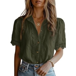 image:imageDokotoo Womens Casual V Neck Short Sleeve Button Down Shirts Business Casual Work Boho Tops BlousesDark Green