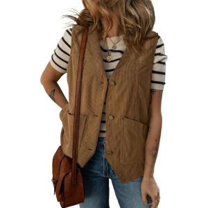 image:imageDokotoo Womens Corduroy Vests Outerwear 2025 ButtonDown Lightweight Waistcoat Sleeveless Jacket Casual VestBrown