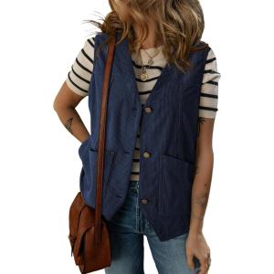 image:imageDokotoo Womens Corduroy Vests Outerwear 2025 ButtonDown Lightweight Waistcoat Sleeveless Jacket Casual VestDirty Blue