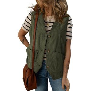 image:imageDokotoo Womens Corduroy Vests Outerwear 2025 ButtonDown Lightweight Waistcoat Sleeveless Jacket Casual VestFour Leaf Clover