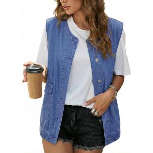image:imageDokotoo Womens Denim Vest Sleeveless Button Down Jean Vest Waistcoat Jacket with PocketsBlue