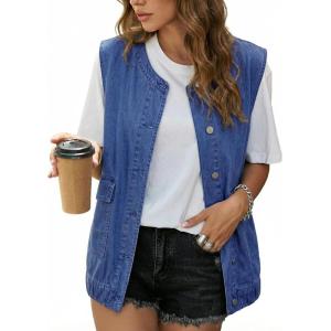 image:imageDokotoo Womens Denim Vest Sleeveless Button Down Jean Vest Waistcoat Jacket with PocketsNavy Blue