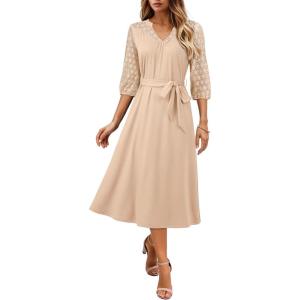 image:imageDokotoo Womens Dresses Lace VNeck Half Sleeve Belted Empire Waist Casual Dress ALine Hem Summer Midi Dress with PocketsBeige