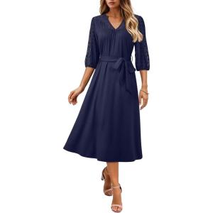image:imageDokotoo Womens Dresses Lace VNeck Half Sleeve Belted Empire Waist Casual Dress ALine Hem Summer Midi Dress with PocketsNavy Blue