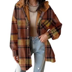 image:imageDokotoo Womens Flannel Hooded Plaid 2026 Shacket Thick Coat Winter Coat for Warmth Button down Warm and Fuzzy Fleece JacketCinnamon