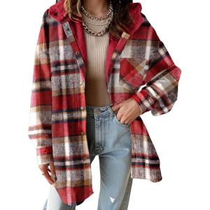 image:imageDokotoo Womens Flannel Hooded Plaid 2026 Shacket Thick Coat Winter Coat for Warmth Button down Warm and Fuzzy Fleece JacketFiery Red