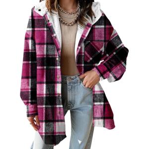 image:imageDokotoo Womens Flannel Hooded Plaid 2026 Shacket Thick Coat Winter Coat for Warmth Button down Warm and Fuzzy Fleece JacketRose Red