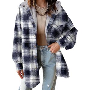 image:imageDokotoo Womens Flannel Hooded Plaid 2026 Shacket Thick Coat Winter Coat for Warmth Button down Warm and Fuzzy Fleece JacketSail Blue