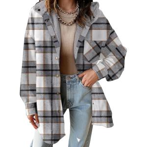 image:imageDokotoo Womens Flannel Hooded Plaid 2026 Shacket Thick Coat Winter Coat for Warmth Button down Warm and Fuzzy Fleece JacketSleet