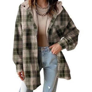 image:imageDokotoo Womens Flannel Hooded Plaid 2026 Shacket Thick Coat Winter Coat for Warmth Button down Warm and Fuzzy Fleece JacketVineyard Green