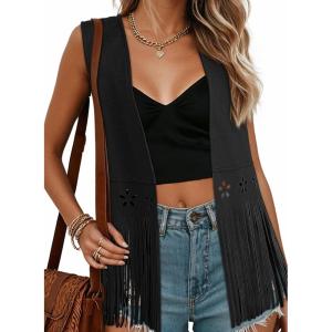 image:imageDokotoo Womens Fringe Vest Cowgirl Western Outfits 70s Hippie Costume Sleeveless Hollow Out Faux Suede Tassel OuterwearBlack
