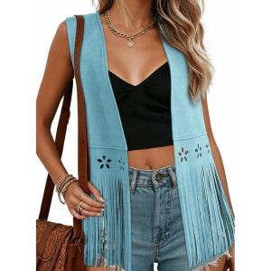image:imageDokotoo Womens Fringe Vest Cowgirl Western Outfits 70s Hippie Costume Sleeveless Hollow Out Faux Suede Tassel OuterwearBlue