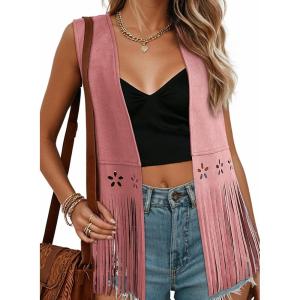 image:imageDokotoo Womens Fringe Vest Cowgirl Western Outfits 70s Hippie Costume Sleeveless Hollow Out Faux Suede Tassel OuterwearPink