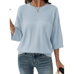 image:imageDokotoo Womens Half Sleeve Casual Oversized Trendy Sweaters Crewneck Cropped Sweater Knit TopsBeau Blue
