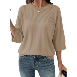 image:imageDokotoo Womens Half Sleeve Casual Oversized Trendy Sweaters Crewneck Cropped Sweater Knit TopsDune