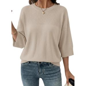 image:imageDokotoo Womens Half Sleeve Casual Oversized Trendy Sweaters Crewneck Cropped Sweater Knit TopsJet Stream