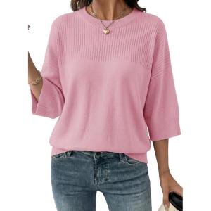 image:imageDokotoo Womens Half Sleeve Casual Oversized Trendy Sweaters Crewneck Cropped Sweater Knit TopsPink