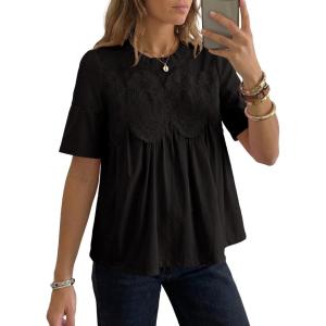 image:imageDokotoo Womens Lace Blouse Elegant Flared Swing Tops Crew Neck Short Sleeve Textured Embroidered Mesh ShirtsBlack