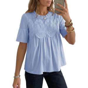 image:imageDokotoo Womens Lace Blouse Elegant Flared Swing Tops Crew Neck Short Sleeve Textured Embroidered Mesh ShirtsBlue