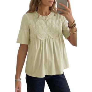 image:imageDokotoo Womens Lace Blouse Elegant Flared Swing Tops Crew Neck Short Sleeve Textured Embroidered Mesh ShirtsGreen
