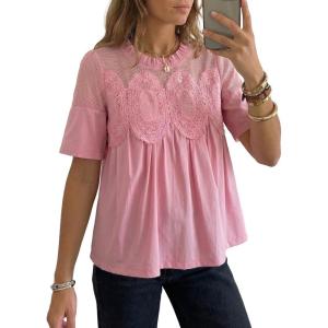 image:imageDokotoo Womens Lace Blouse Elegant Flared Swing Tops Crew Neck Short Sleeve Textured Embroidered Mesh ShirtsPink