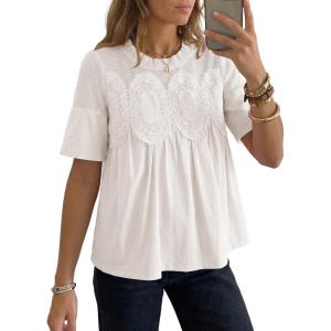 image:imageDokotoo Womens Lace Blouse Elegant Flared Swing Tops Crew Neck Short Sleeve Textured Embroidered Mesh ShirtsWhite