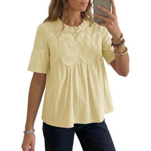image:imageDokotoo Womens Lace Blouse Elegant Flared Swing Tops Crew Neck Short Sleeve Textured Embroidered Mesh ShirtsYellow