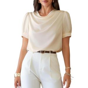image:imageDokotoo Womens Satin Cowl Neck Blouse Short Puff Sleeve Elegant Tops Business Casual OutfitsBeige