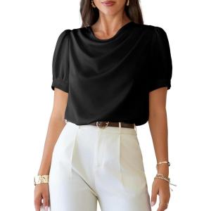 image:imageDokotoo Womens Satin Cowl Neck Blouse Short Puff Sleeve Elegant Tops Business Casual OutfitsBlack