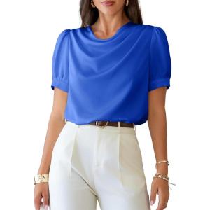 image:imageDokotoo Womens Satin Cowl Neck Blouse Short Puff Sleeve Elegant Tops Business Casual OutfitsBlue