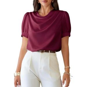 image:imageDokotoo Womens Satin Cowl Neck Blouse Short Puff Sleeve Elegant Tops Business Casual OutfitsRed