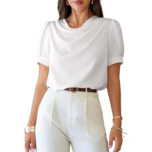 image:imageDokotoo Womens Satin Cowl Neck Blouse Short Puff Sleeve Elegant Tops Business Casual OutfitsWhite