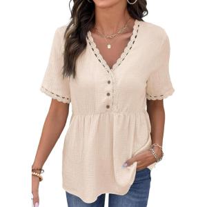 image:imageDokotoo Womens Short Sleeve Babydoll Tops Lace Trim V Neck Cotton Tunic Shirts for Women 2026 Summer Spring BlouseApricot