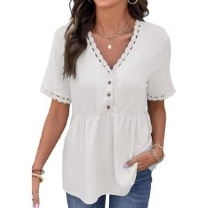 image:imageDokotoo Womens Short Sleeve Babydoll Tops Lace Trim V Neck Cotton Tunic Shirts for Women 2026 Summer Spring BlouseWhite