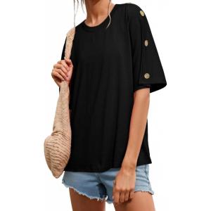 image:imageDokotoo Womens Short Sleeve Tops Crew Neck Button Casual Summer Oversized T Shirts BlousesBlack