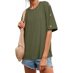 image:imageDokotoo Womens Short Sleeve Tops Crew Neck Button Casual Summer Oversized T Shirts BlousesMoss Green