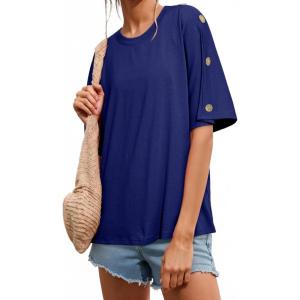 image:imageDokotoo Womens Short Sleeve Tops Crew Neck Button Casual Summer Oversized T Shirts BlousesNavy Blue