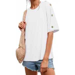 image:imageDokotoo Womens Short Sleeve Tops Crew Neck Button Casual Summer Oversized T Shirts BlousesWhite