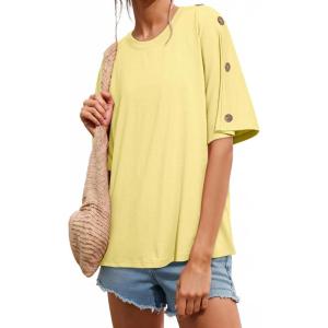 image:imageDokotoo Womens Short Sleeve Tops Crew Neck Button Casual Summer Oversized T Shirts BlousesYellow Cream
