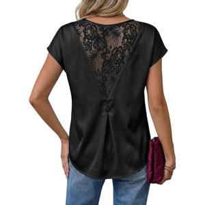 image:imageDokotoo Womens Silk Satin Tops Short Sleeve Shirts Crewneck Back Lace Patchwork Casual Dressy Blouse Summer OutfitsBlack