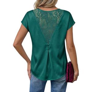image:imageDokotoo Womens Silk Satin Tops Short Sleeve Shirts Crewneck Back Lace Patchwork Casual Dressy Blouse Summer OutfitsGreen