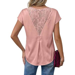 image:imageDokotoo Womens Silk Satin Tops Short Sleeve Shirts Crewneck Back Lace Patchwork Casual Dressy Blouse Summer OutfitsPinkish Purple
